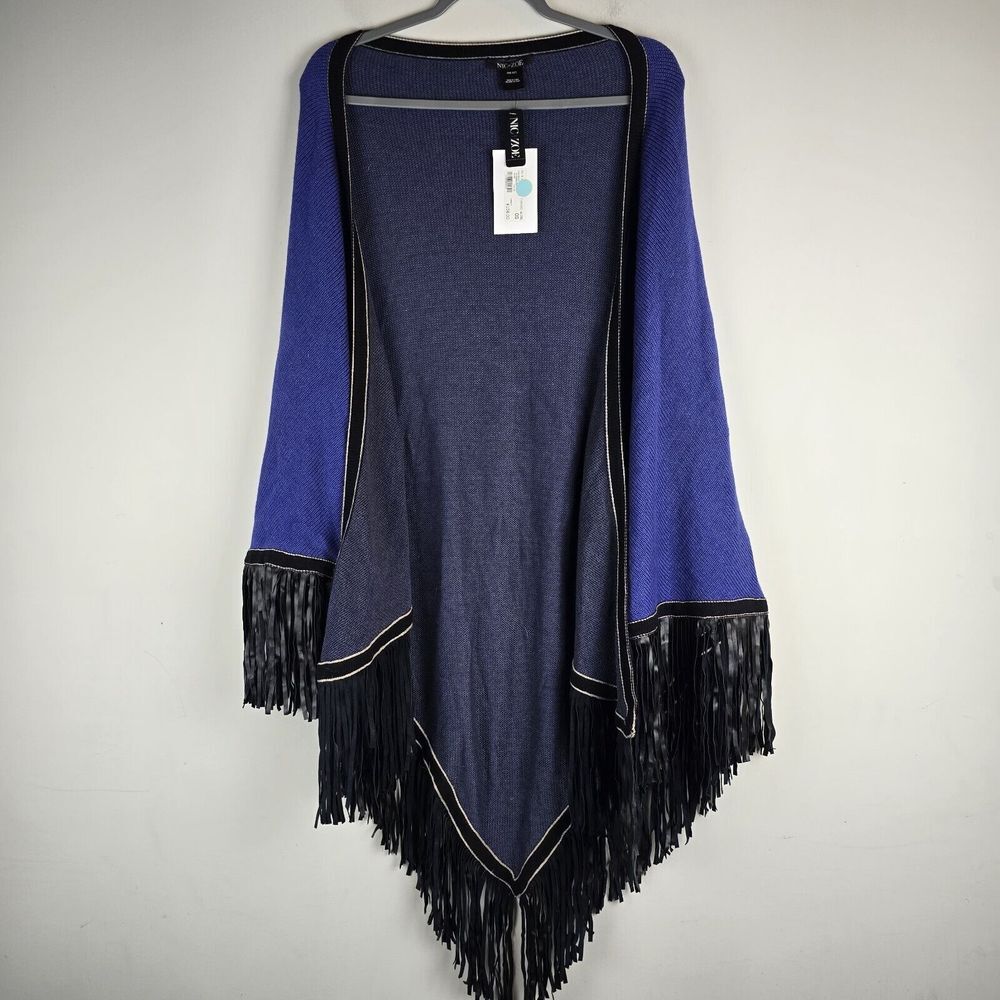 NIC+ZOE Long Open Poncho Shawl Cape Sweater Black Fringe Blue One Size.A202